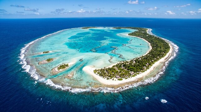 Aerial view of a tropical coral atoll island with turquoise lagoon and white sand beaches