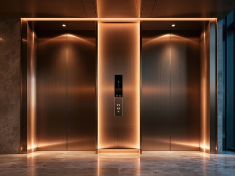 Modern luxury elevator lobby with warm ambient lighting and brushed metal doors