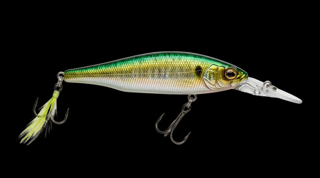 Close-up of a fishing lure with a soft plastic bait and treble hooks