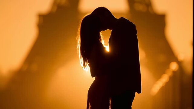 Paris, France, Europe. A silhouette of a couple passionately kissing against a backdrop of the Eiffel Tower at sunset. The sky is a gradient of warm oranges and yellows.