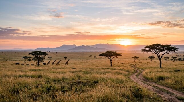 Giraffes walking in African savanna landscape at sunrise