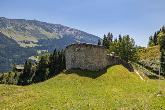 The chapel ruin of Sogn Benedetg in Sumvitg, Grison, Switzerland,  was largely destroyed by a massive dust avalanche on February 10, 1984.