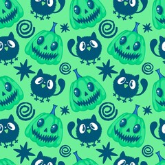 Obraz premium Autumn harvest vegetable seamless monster Halloween pumpkins pattern for wrapping paper and fabrics