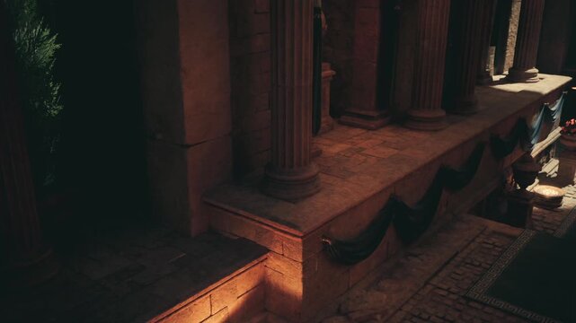 Sunlit stone corridor with lion statues and warm floor lamps, carved columns framing lattice opening, weathered masonry and mosaic details, tranquil atmosphere