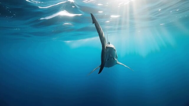 Tracking shot of great white shark swimming and turning beneath sunlit ocean surface in open blue water calm daytime scene showing dorsal and tail motion