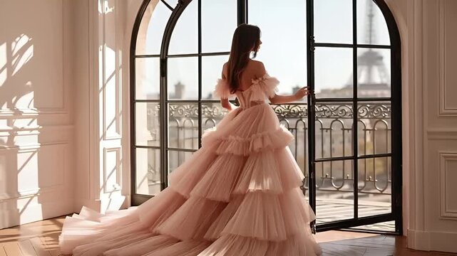 Paris, France, Europe. A portrait of a woman standing in an opulent room with a panoramic view of the Eiffel Tower. She wears a voluminous.