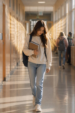Young Christian student walking through school hallway with books, faith and guidance concept