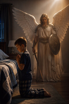 Child praying beside bed with warrior guardian angel, Christian faith and divine protection concept