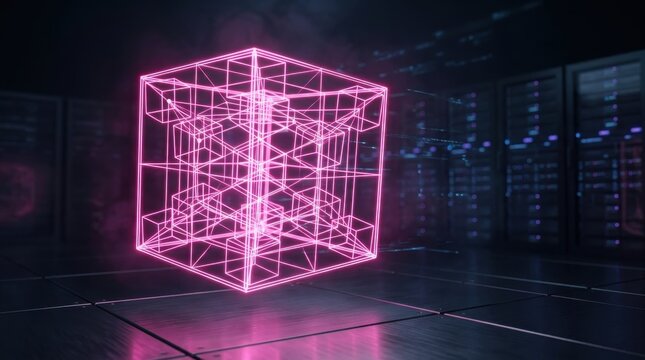 Glowing pink neon wireframe cube in a dark server room with data streams