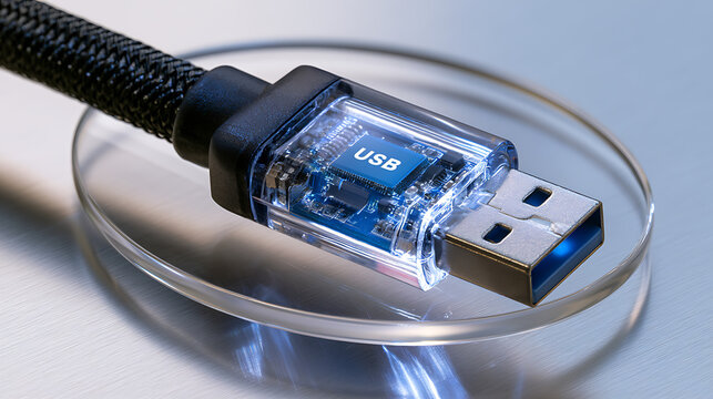 Modern transparent universal serial bus connector with glowing internal microchip technology on a clean metallic background for tech concepts