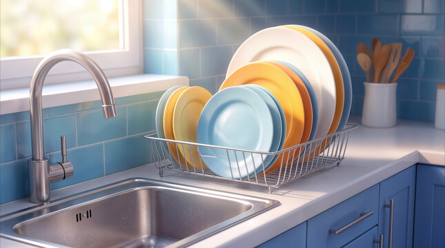 Clean colorful plates drying in wire rack next to kitchen sink. Domestic housework and home organization concept.