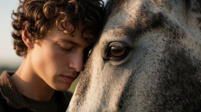 Young man rests forehead against horse head. Close up portrait shows deep emotional bond between human, animal. Peaceful moment of trust, empathy, connection in nature. Calm person feels closeness