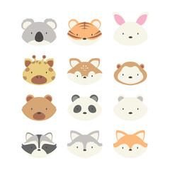 Fototapeta premium Cute Animal Face Avatar Vector Set, Neutral Color Nursery Animal Heads Collection for Kids Design