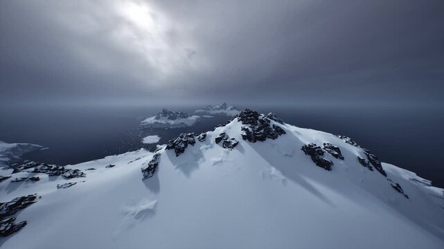 Twilight snow ridge framed by brooding horizon and low light, traces of wind erosion and cool indigo palette, evokes solitude and introspective mood
