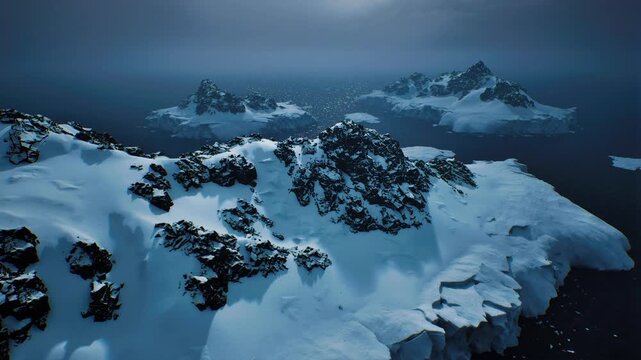 Rugged snowfield sloping toward coastal cliffs, scattered rocky teeth interrupting white drifts, distant archipelago under moody light, raw elemental mood