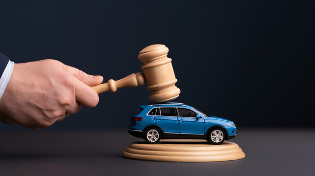Judge hand hold wood gavel strike model blue car toy on sound block symbolize auto auction law court judgment finance loan repossess