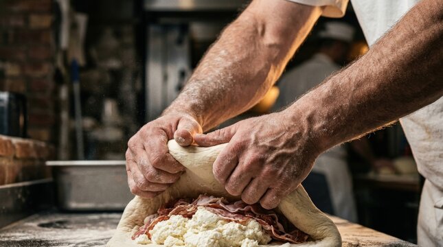 Baker prepare Calzone with mozzarella and ham filling