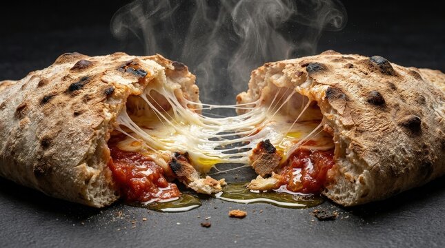 Steaming Calzone with melted mozzarella and tomato filling