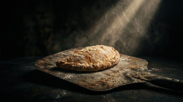 Rustic calzone with melted mozzarella on baking peel