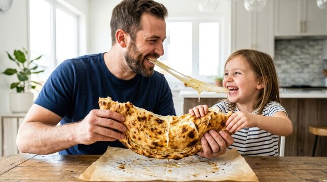Father and daughter share cheesy Calzone at home