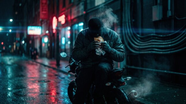 Motorcyclist eat Calzone on rainy neon city street