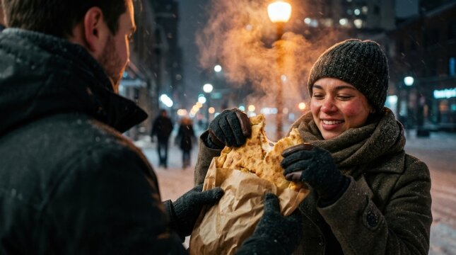 Friends share hot Calzone on snowy city street at night