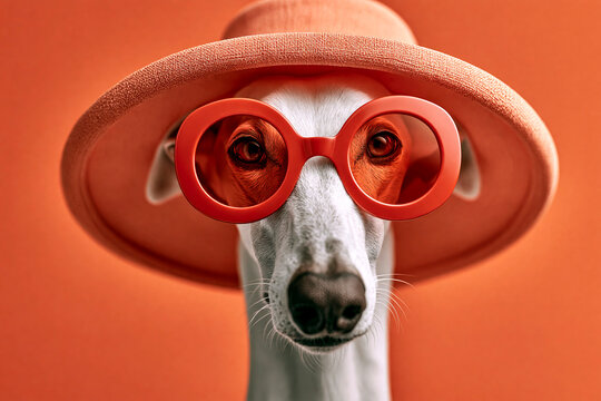 Fashionable greyhound dog wearing round glasses and wide hat