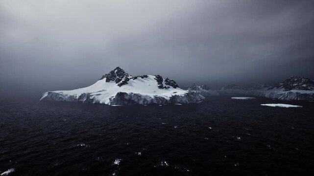 Aerial view of snowy volcanic island with dramatic cloudbank, cinematic monochrome tone, low cloud ceiling, dark ocean, scattered ice, survey drone perspective