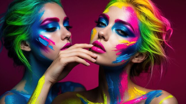 Two young women with vibrant colorful makeup, bright dyed hair pose in studio. Creative face paint, neon cosmetics create artistic look. Fashion models display bold eye makeup, rainbow colors against