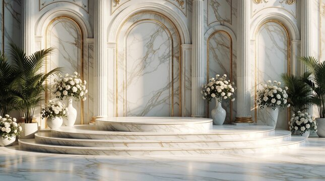 Sunlit marble stage with archways and plants. Empty podium offers elegant display for product presentation or event backdrop. Luxurious interior design setting.