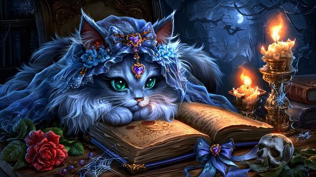 Mystical Blue Cat with Ancient Spellbook and Candles