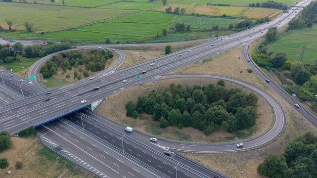 Highway Traffic Flow at A7 Motorway Interchange in Assago, Milan, Italy