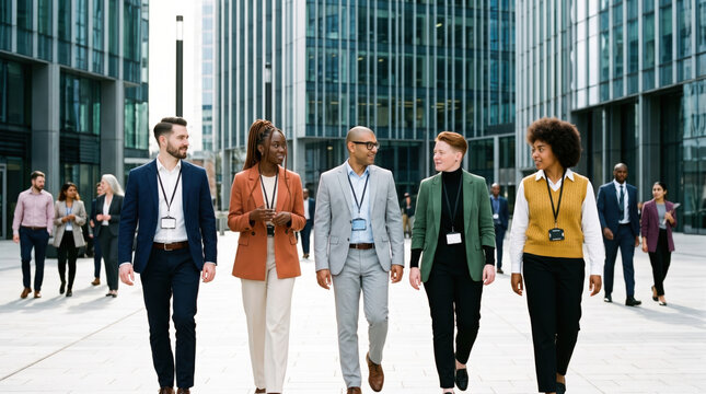 Diverse business team walk through modern office district