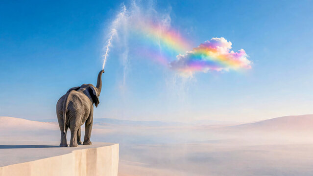 El&eacute;phant projetant de l'eau avec sa trompe et cr&eacute;ant un arc en ciel