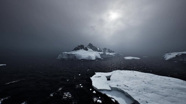 brooding arctic seascape with distant island. dark ocean dotted with ice floes, low sun piercing overcast sky, jagged rocky outcrop shrouded in mist. scene