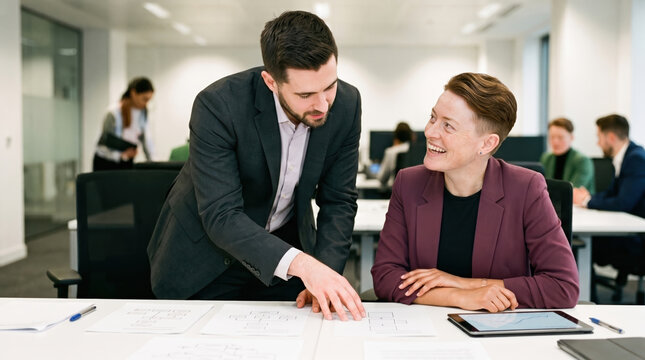 Business colleagues review documents in a modern office