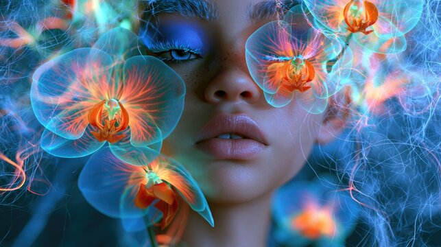 Modern beauty services, blending high fashion, glowing neon aesthetics, and botanical elegance to redefine self-care and artistry