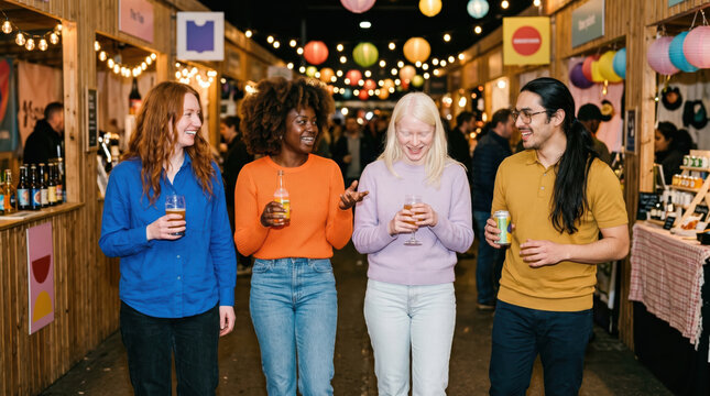 Friends with drinks at a busy night market