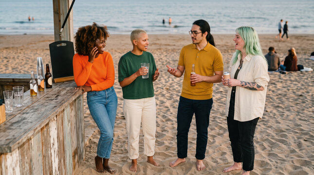Friends with drinks at a beach bar at golden hour
