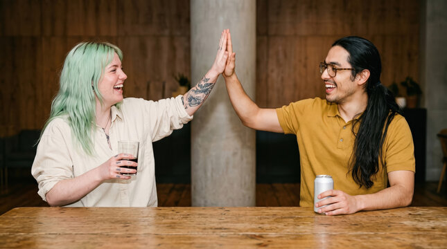 Diverse friends celebrate with high five and drinks indoors