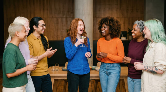 Diverse friends share drinks and laughter at home gathering