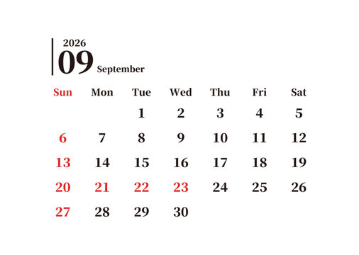 2026年9月の月別カレンダー 日曜始まり シルバーウィーク