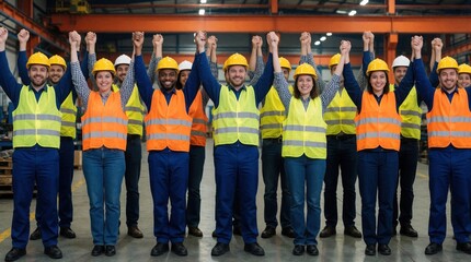 Obraz premium Diverse team of factory workers in safety gear raise hands in united celebration. Smiling men and women employees feel pride in job accomplishment. People work together happily in industrial facility.