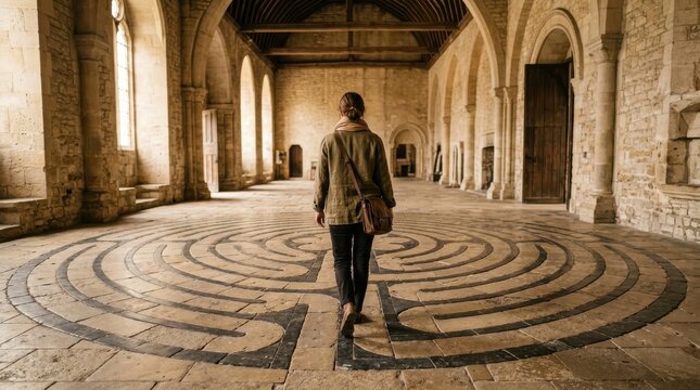 Woman walking into a medieval stone labyrinth inside an ancient hall