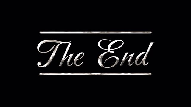 Elegant silver metallic cursive text animation showing The End appearing letter by letter with decorative lines on a black background for vfx and alpha channel transparency