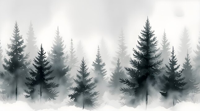 Dark pine forest in dense fog, watercolor