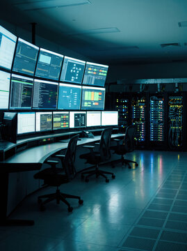 Cybersecurity operations center with server racks and monitors