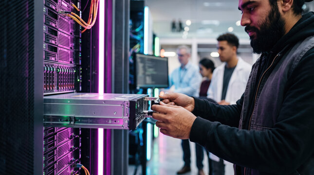 Hands Installing a Server Blade