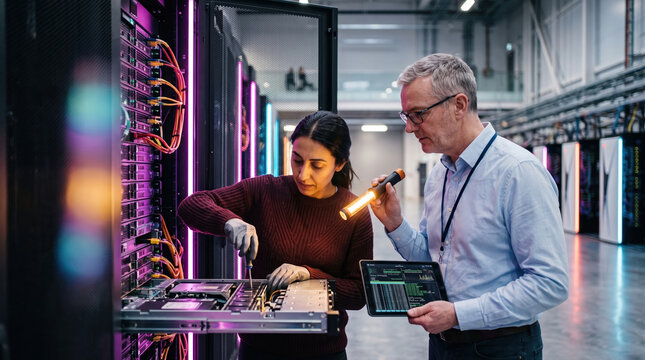 Colleagues solve server issue at data center rack