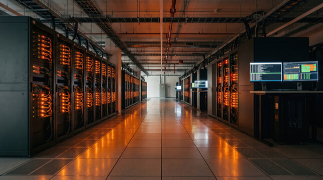 Data center server racks with glowing network equipment